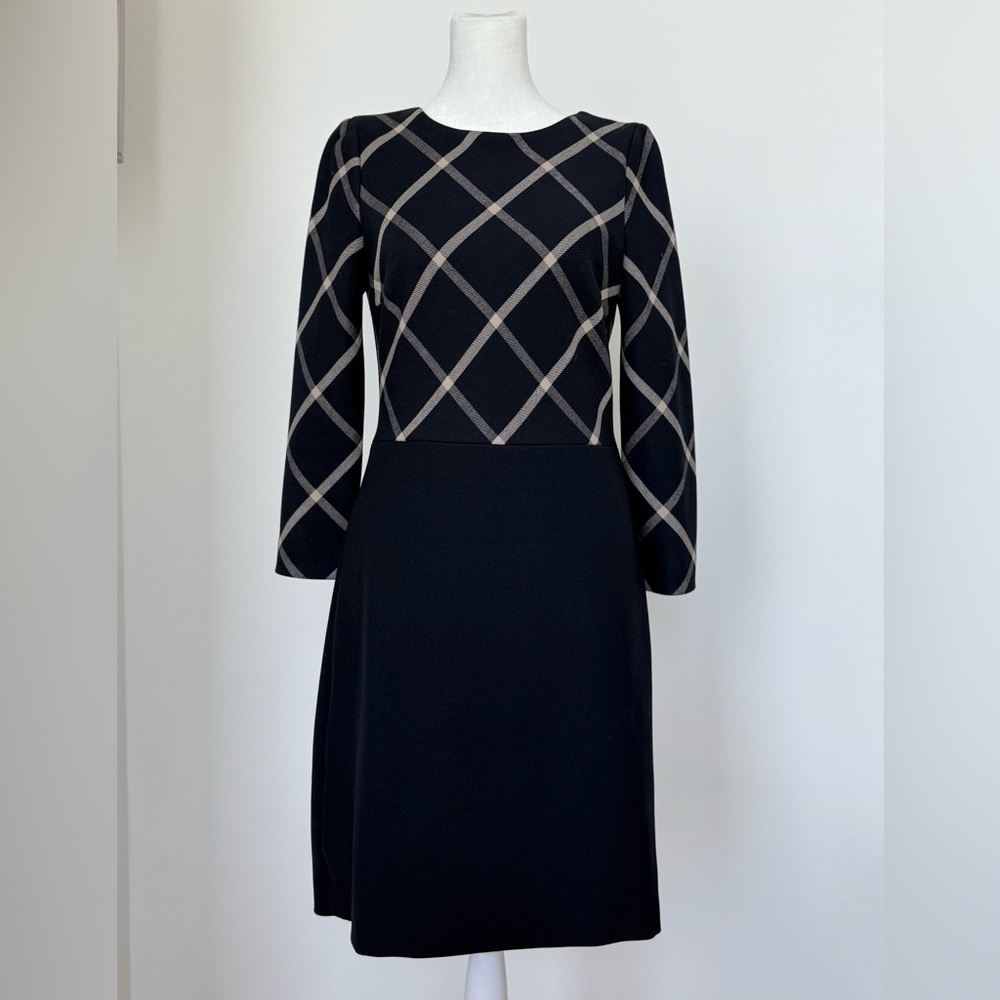 Navy Blue and Tan Sheath Dress with Cuffed 3/4 Sleeves